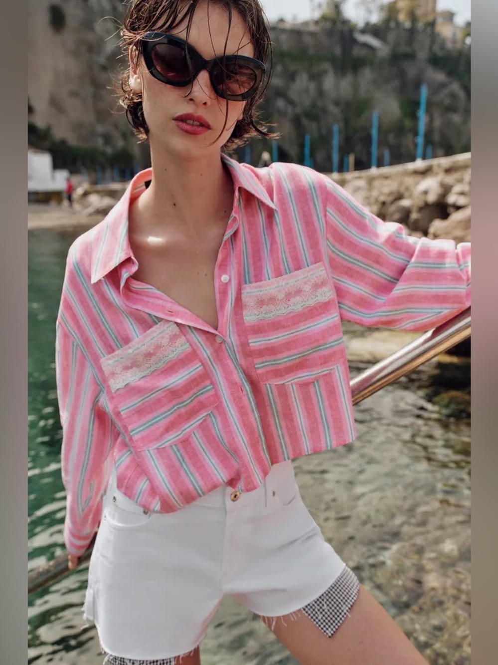 Zara Pink & White Striped Cropped Button Shirt. POP